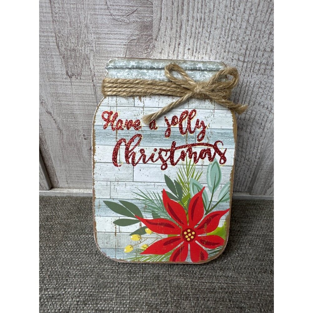 Christmas Mason Jar Wooden Decor Rustic Farmhouse Poinsettia Design & Twine Bow